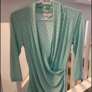Mint-colored polka dot blouse